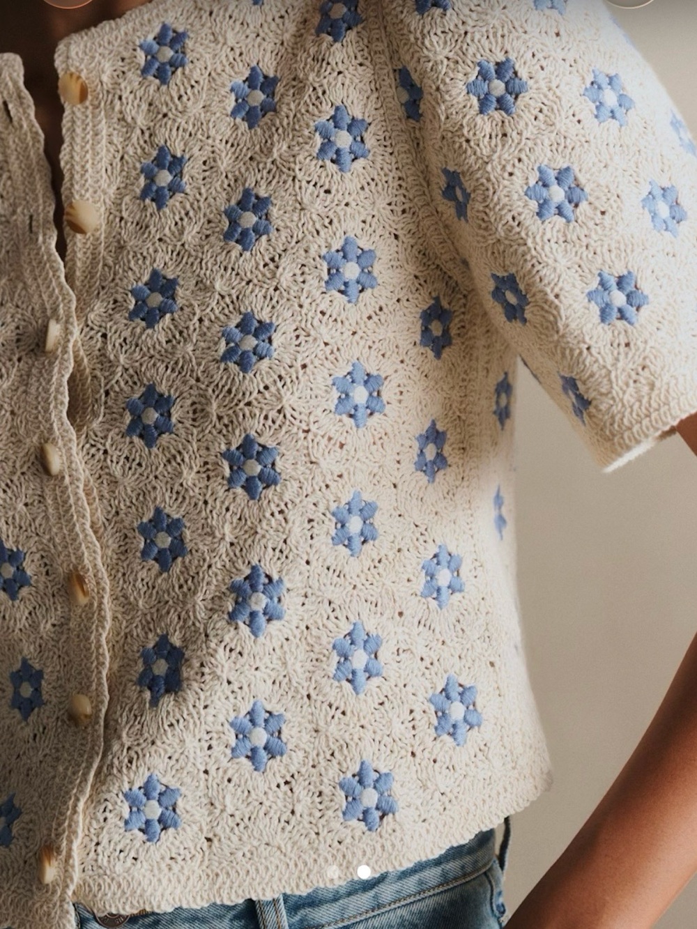 Sézane Lorna Knit Button-Front Top with Embroidered Blue Floral Motifs - Picture 2 of 6